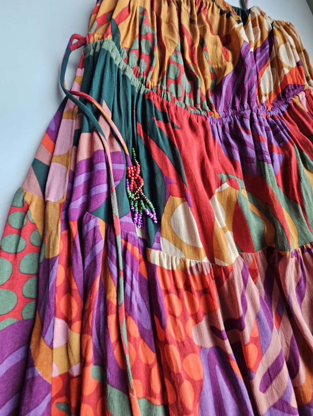Farm Rio Mixed Colorful Print Embellished Tie Shoulders Knee Lenth Flowey Dress - Picture 6 of 11